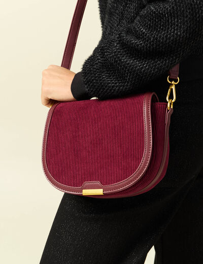 Sac bandouli&egrave;re en velours doubl&eacute; bordeaux femme