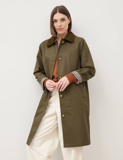 Trench droit long en coton doubl&eacute; vert kaki femme