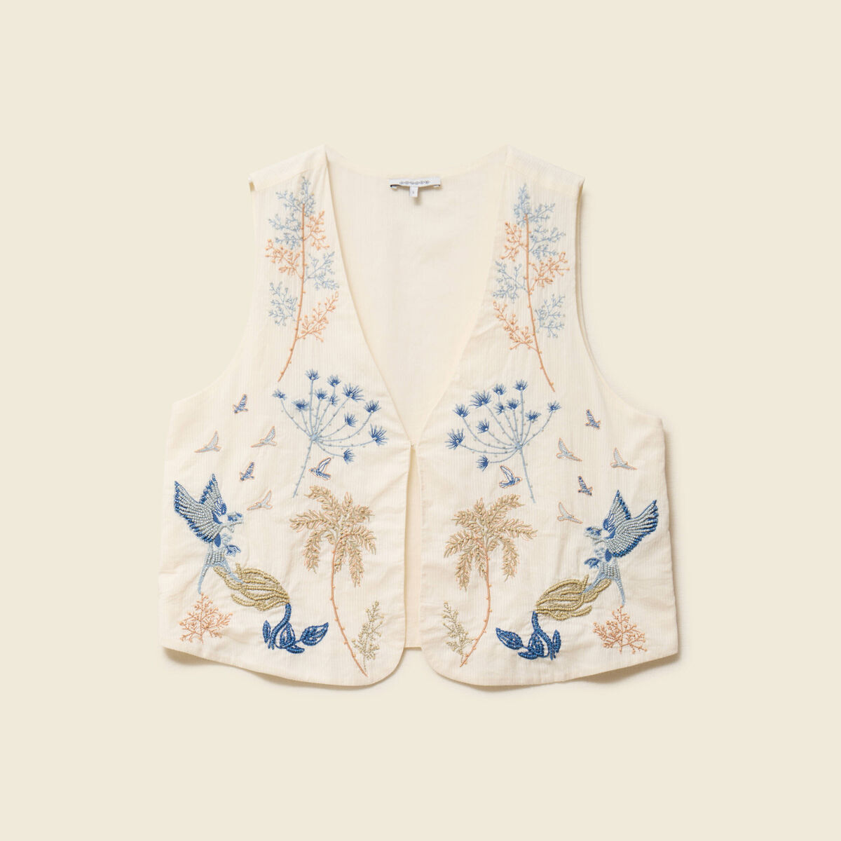 Gilet sans manches col v broderie ecru femme