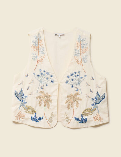 Gilet sans manches col v broderie ecru femme