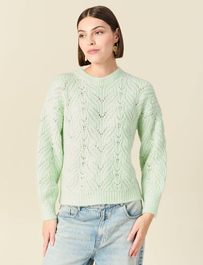 Pull ajour&eacute; droit court manches longues vert pastel femme