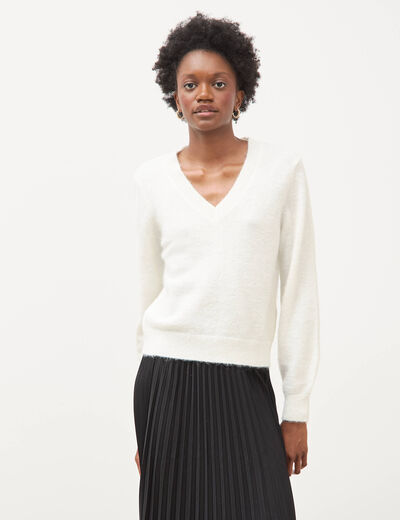 Pull droit col v manches longues ecru femme