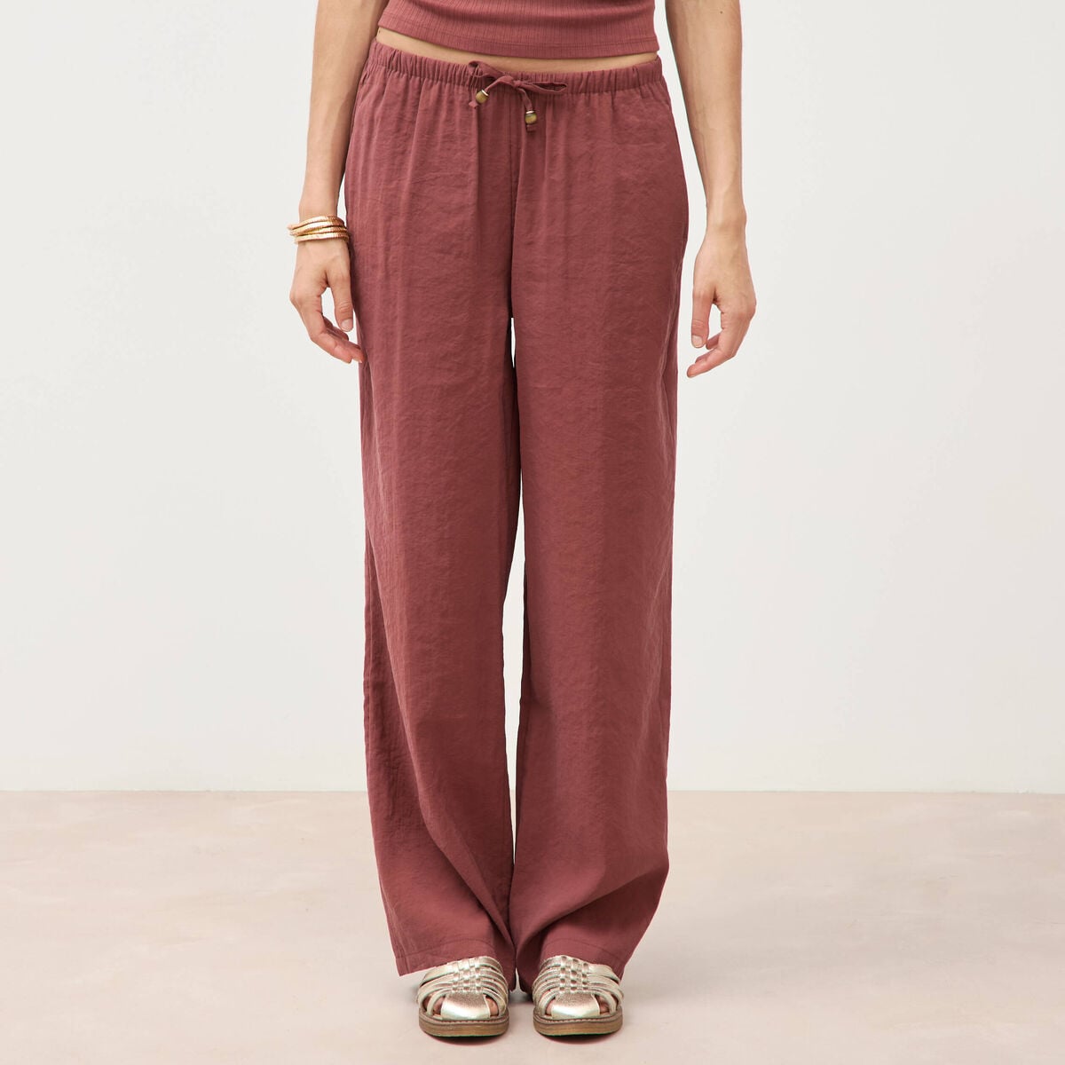 Pantalon large taille standard fluide marron cognac femme