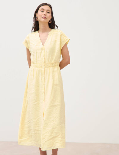 Robe fluide col v manches courtes jaune clair femme