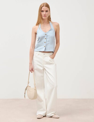 Jeans wide leg taille bascul&eacute;e denim blanc femme