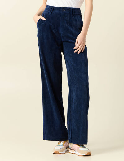 Pantalon large velours pinces bleu marine femme