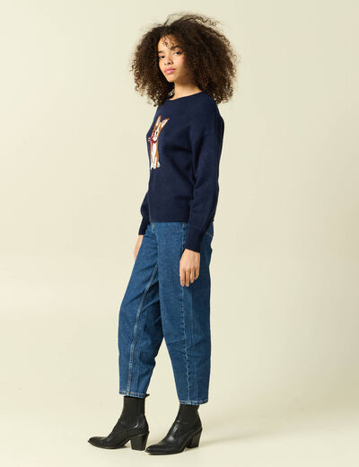 Pull col rond manches longues bleu marine femme