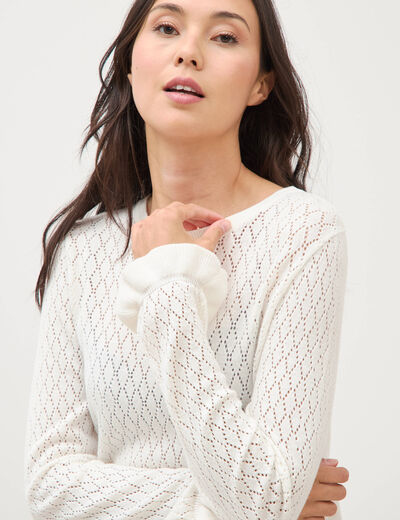 Pull ajour&eacute; col rond manches longues ecru femme