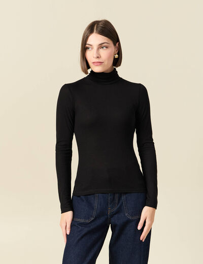 T-shirt cintr&eacute; manches longues col roul&eacute; noir femme