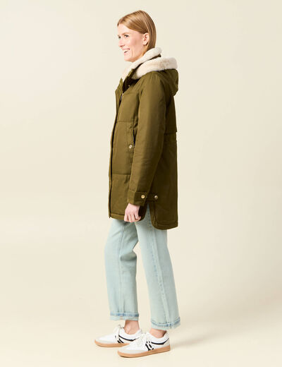 Parka droite &agrave; capuche vert kaki femme