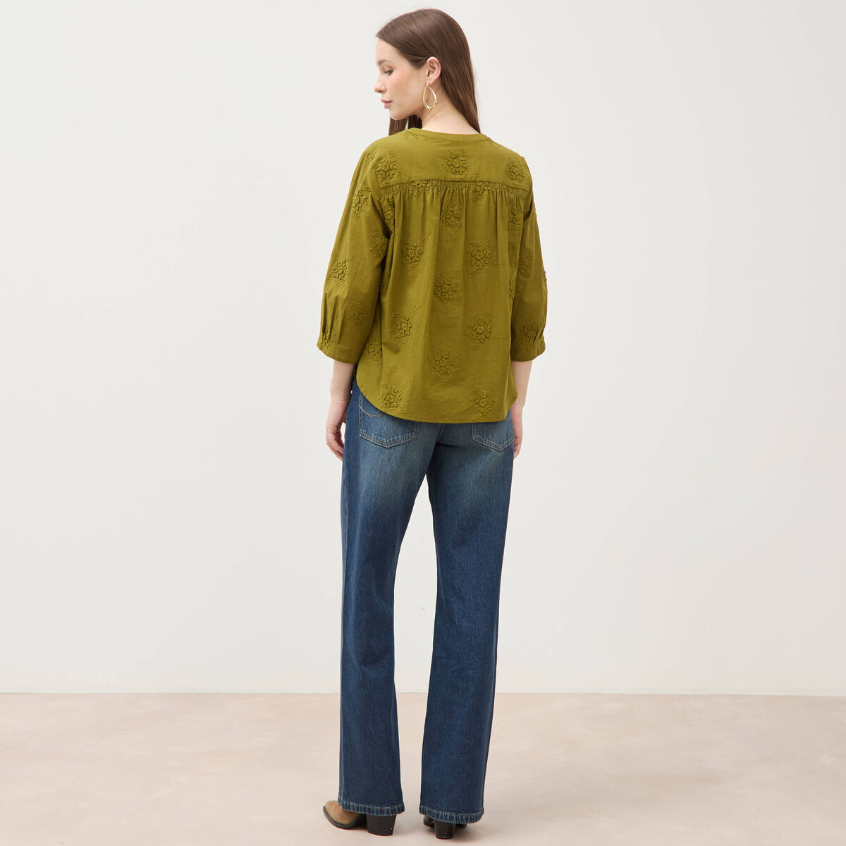 Chemise en coton manches 3/4 vert kaki femme