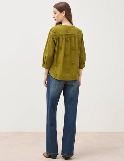Chemise en coton manches 3/4 vert kaki femme