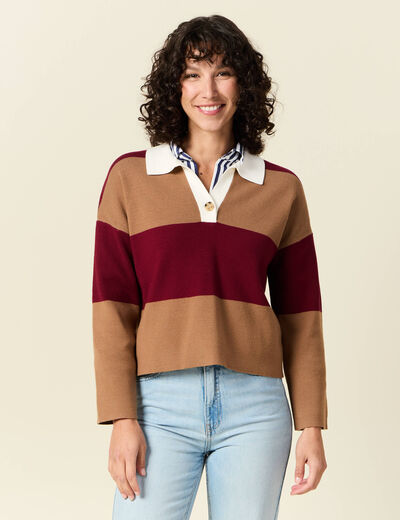 Pull manches longues col polo rouge femme