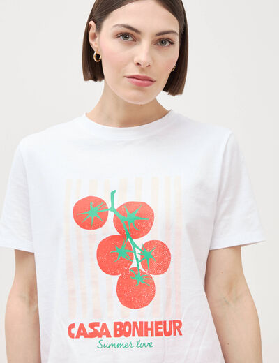 T-shirt &agrave; motif en coton manches courtes blanc femme