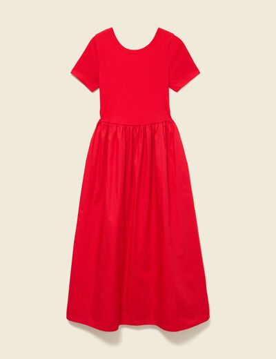 Robe longue bi-mati&egrave;re col rond rouge fonc&eacute; femme