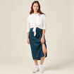 Jupe midi droite fendue satin bleu canard femme