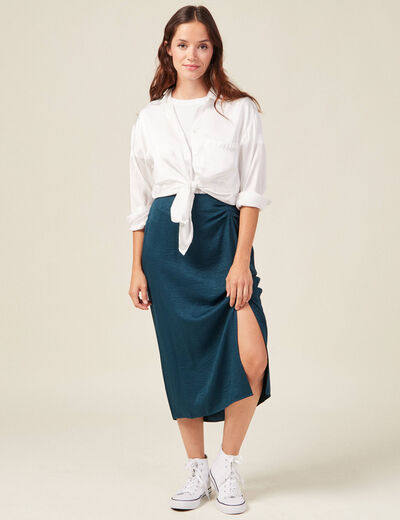 Jupe midi droite fendue satin bleu canard femme