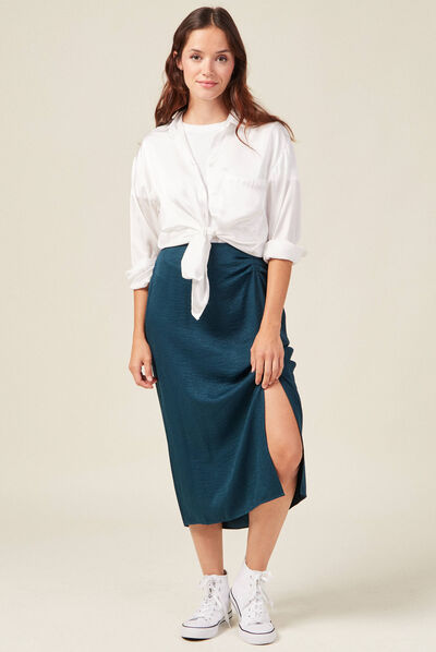 Jupe midi droite fendue satin bleu canard femme
