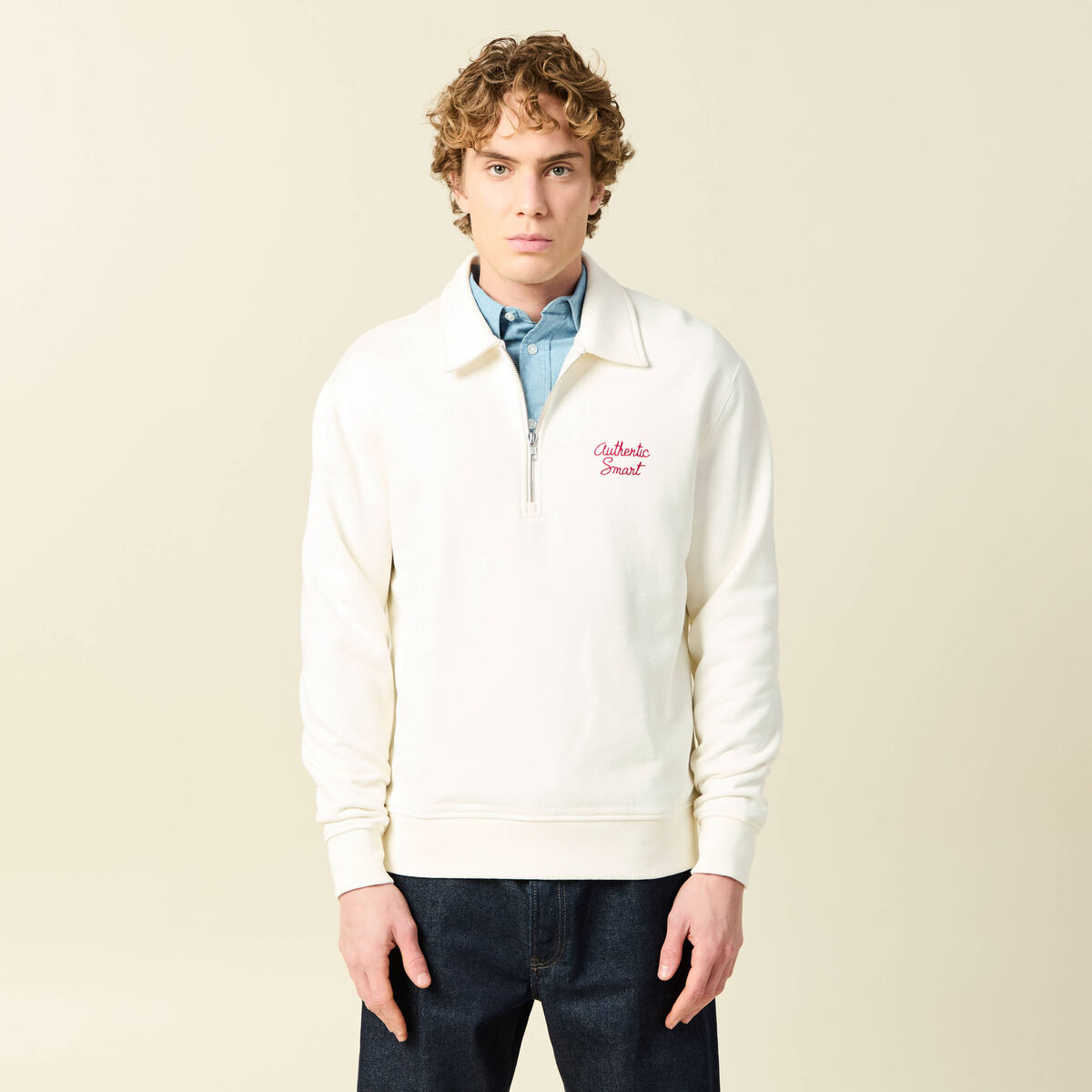 Sweat manches longues col zipp&eacute; en coton ecru homme