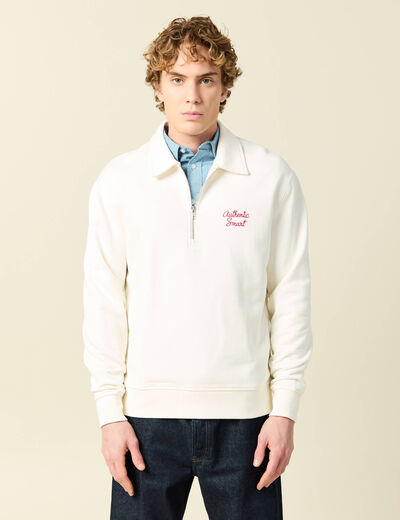 Sweat manches longues col zipp&eacute; en coton ecru homme