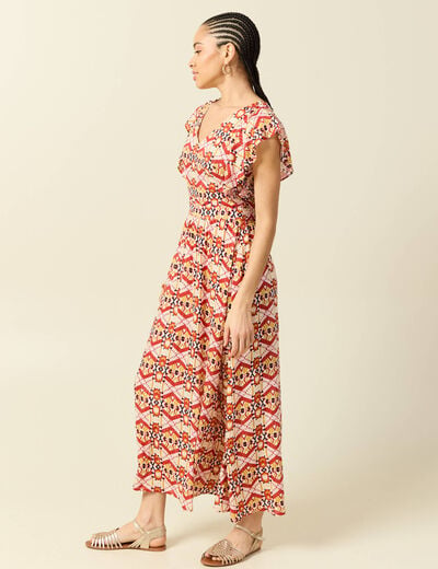 Robe longue &eacute;vas&eacute;e col v manches courtes bordeaux femme