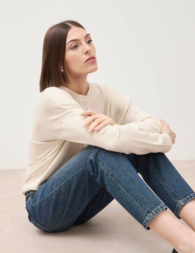 Pull oversize col rond manches longues creme femme