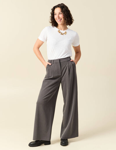 Pantalon large taille haute fluide gris femme