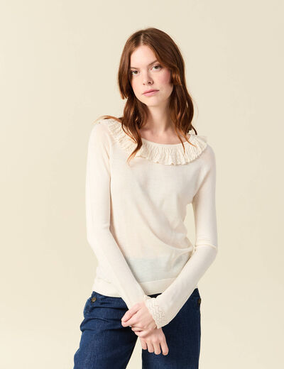 Pull col rond &agrave; volants manches longues ivoire femme