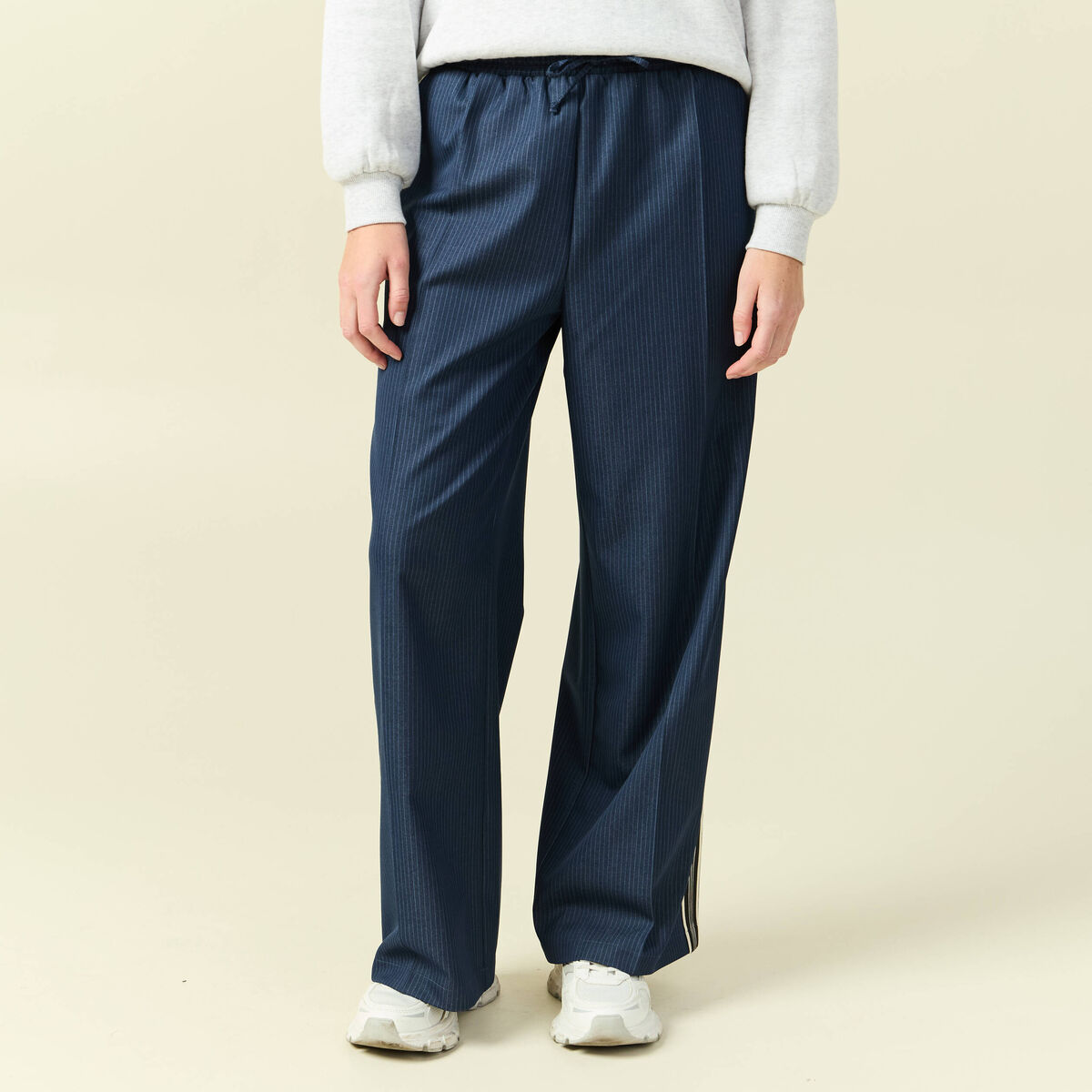 Pantalon large taille haute ray&eacute; bleu marine femme