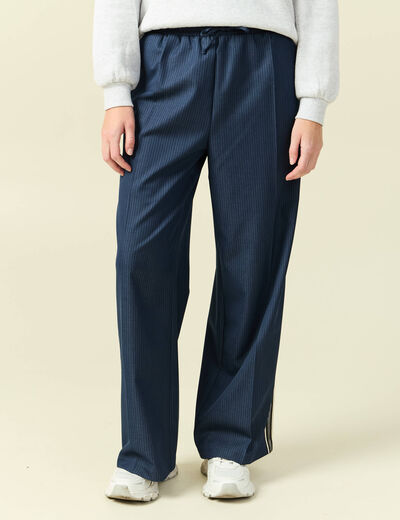 Pantalon large taille haute ray&eacute; bleu marine femme
