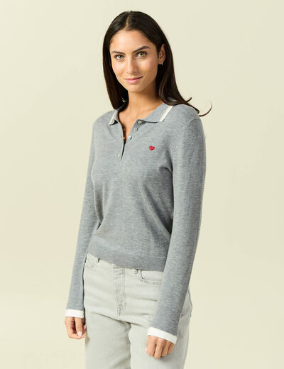 Polo manches longues avec c&oelig;ur brod&eacute; gris clair femme