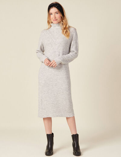 Robe pull longue col roulé gris femme
