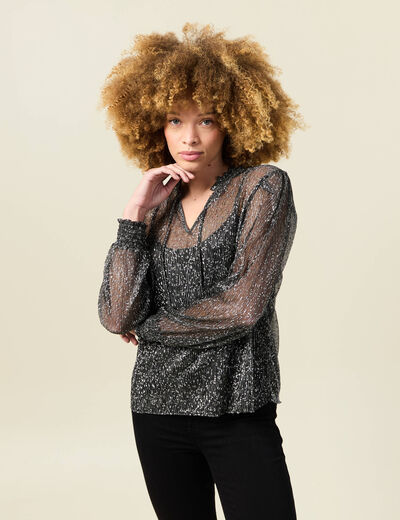 T-shirt manches longues brillant noir femme
