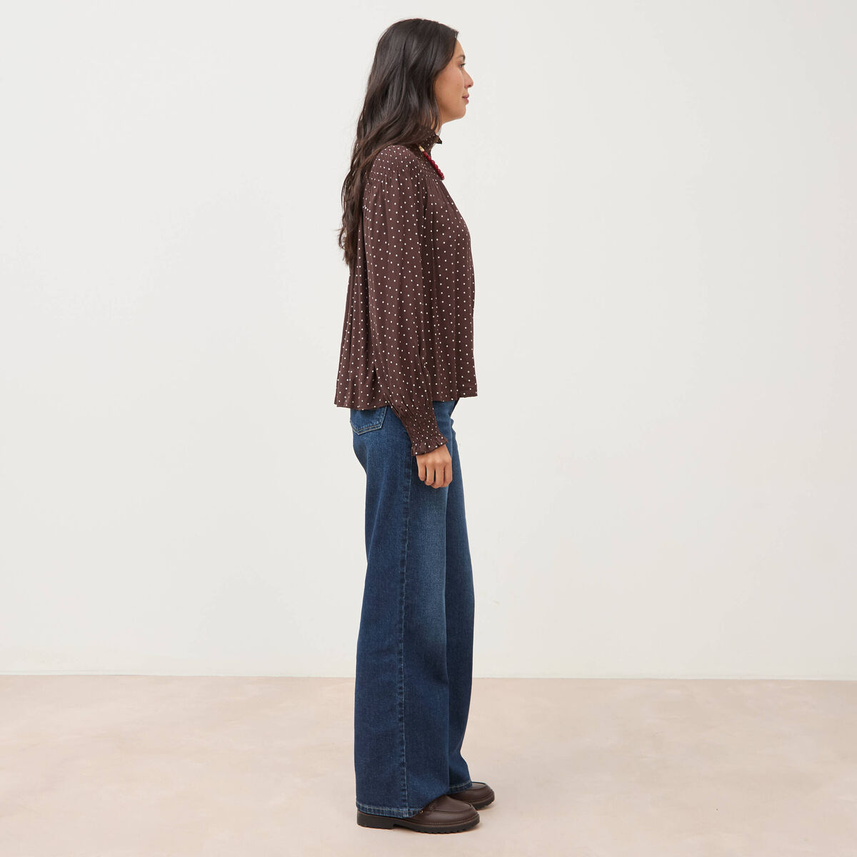 Blouse droite manches longues marron fonc&eacute; femme