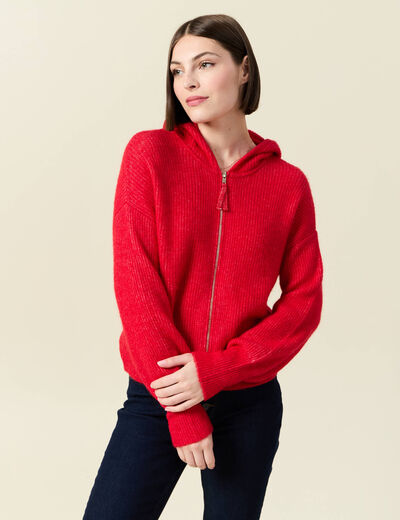 Gilet manches longues capuche rouge femme