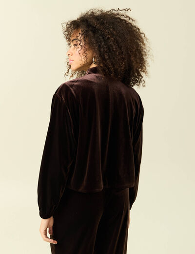 Gilet court droit en velours doubl&eacute; marron fonc&eacute; femme