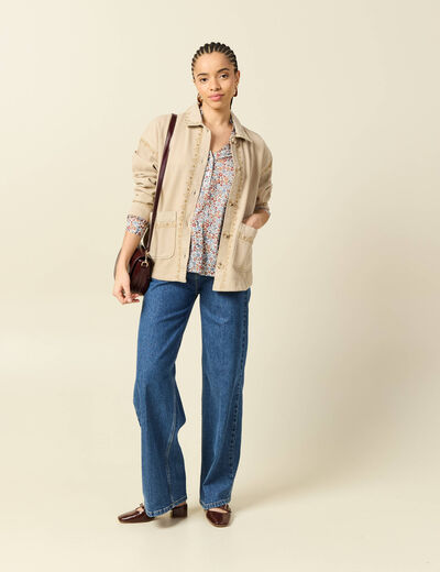 Blouson boutonn&eacute; brod&eacute; beige femme