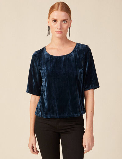 Blouse ajust&eacute;e manches courtes velours bleu canard femme