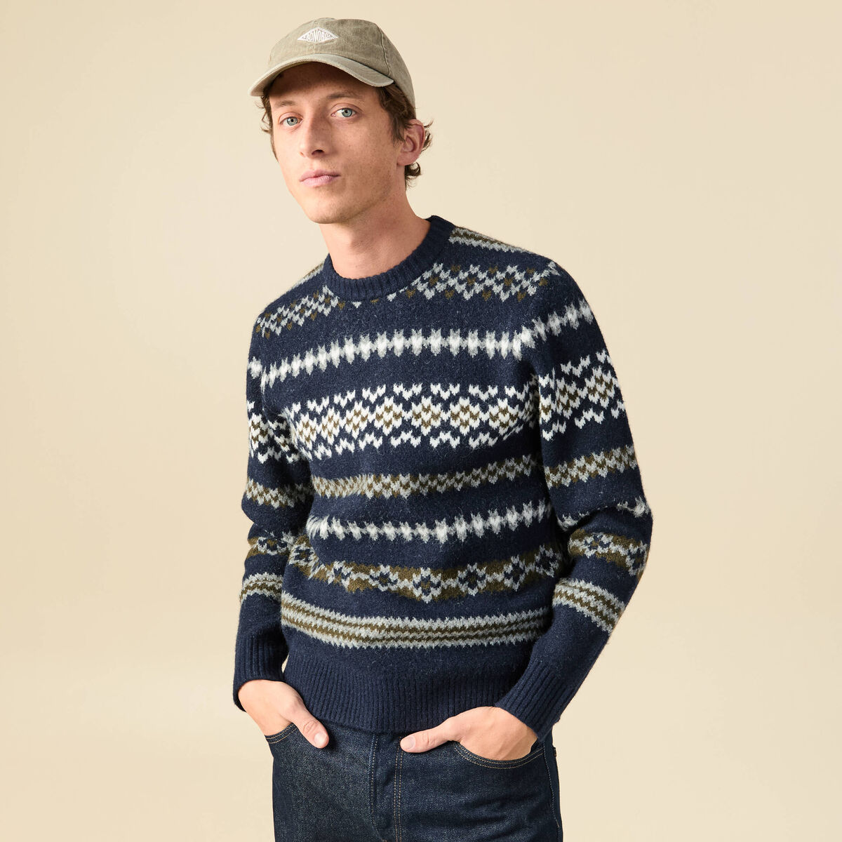 Pull manches longues col rond bleu marine homme