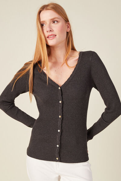 Gilet col en V éco-responsable gris foncé femme