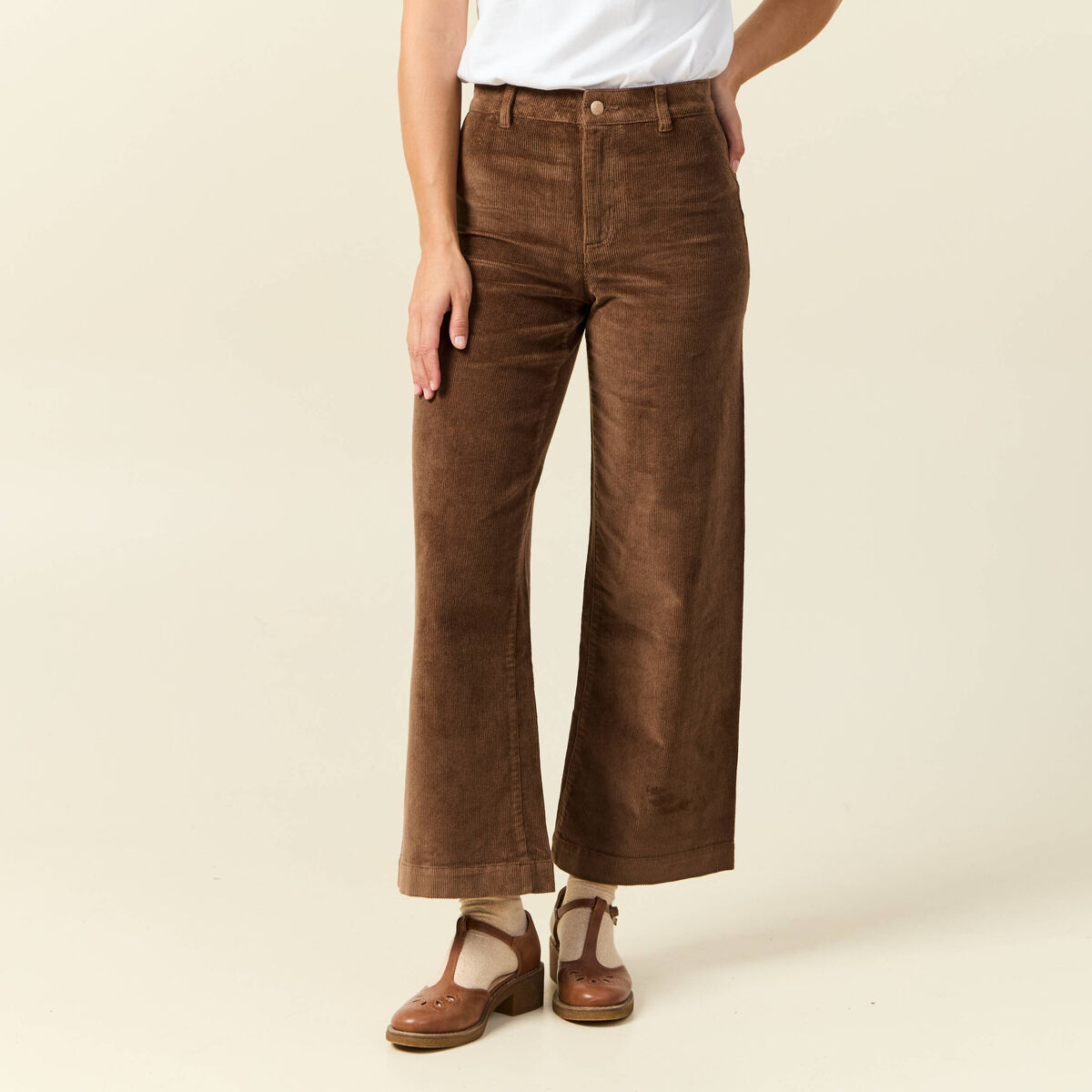 Pantalon large taille haute en velours vieux rose femme