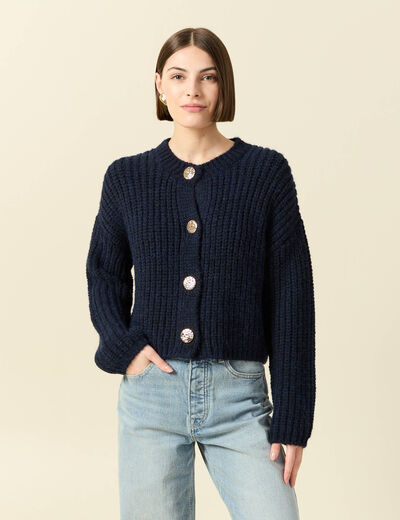 Gilet droit court manches longues bleu marine femme