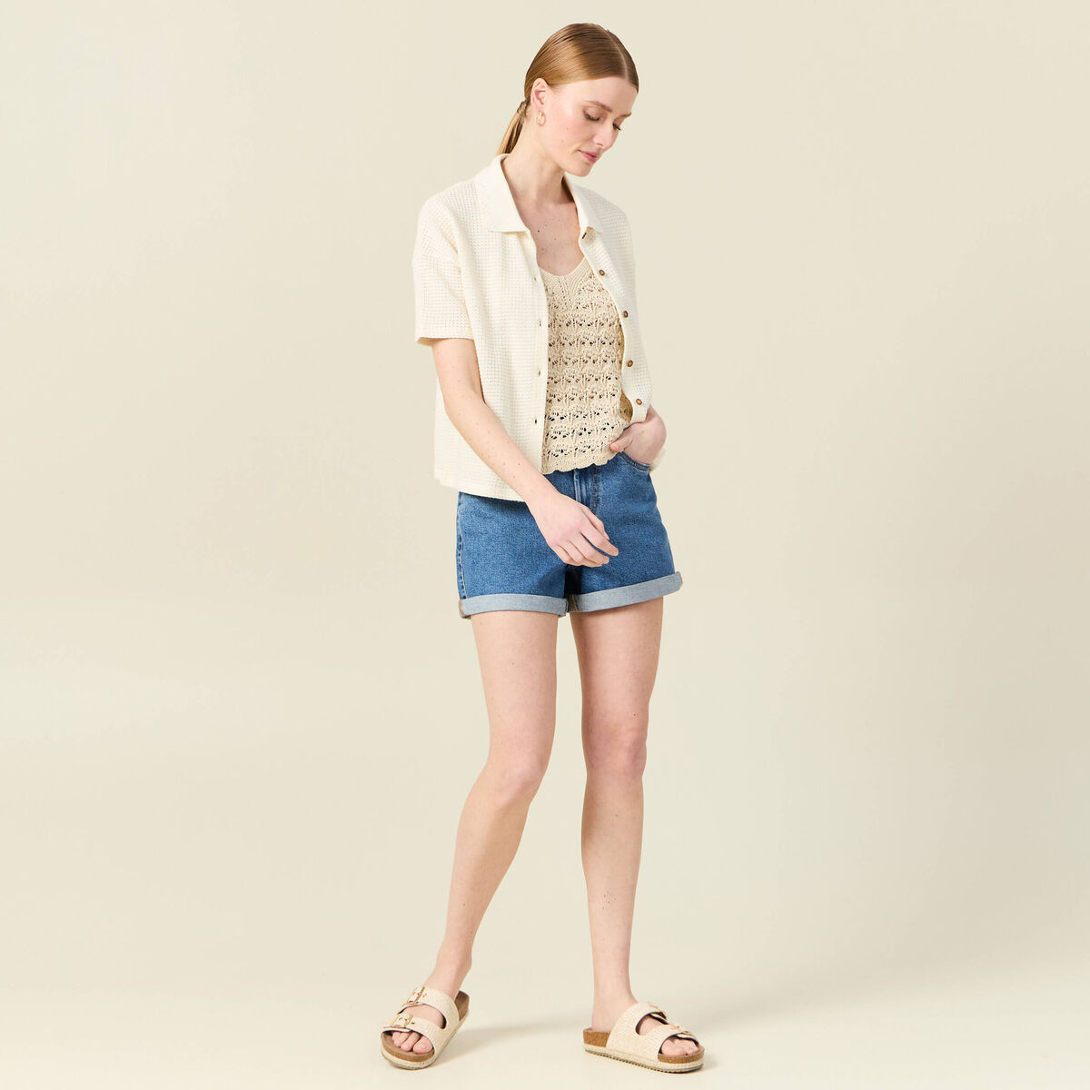 Débardeur tricot ajouré creme femme