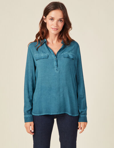 Blouse manches longues poches bleu pétrole femme