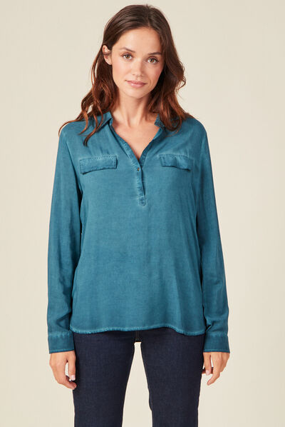 Blouse manches longues poches bleu pétrole femme