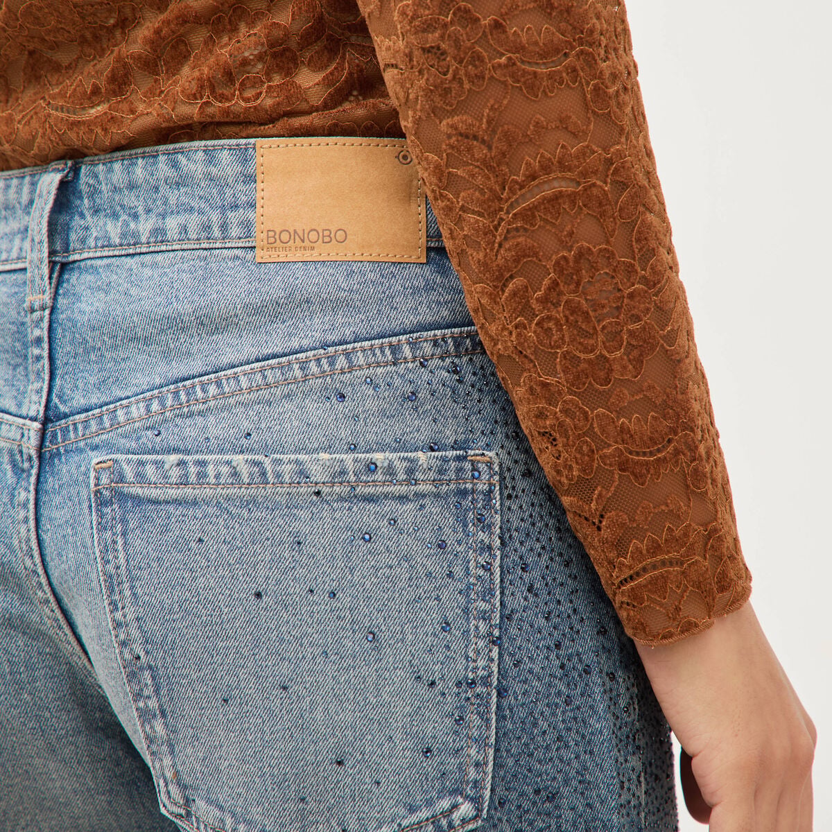 Jeans wide leg strass taille standard bleu femme