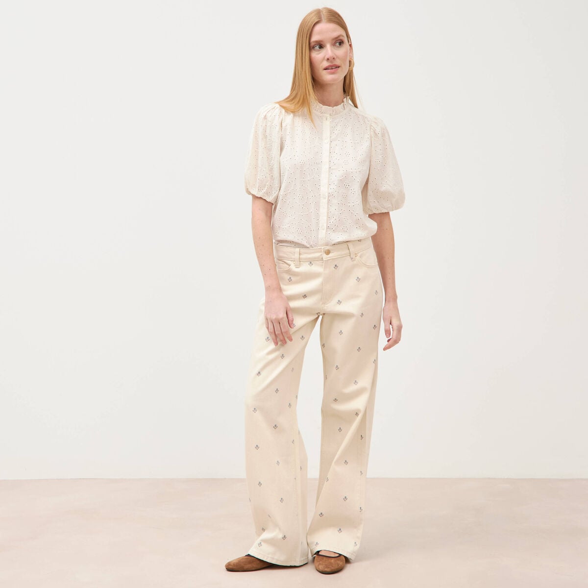 Chemise en coton manches coude creme femme