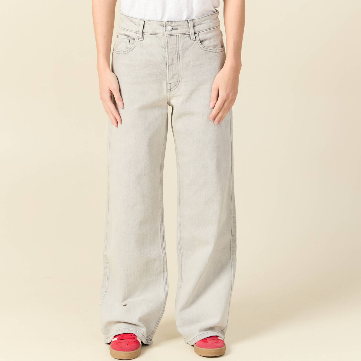 Jeans large taille haute denim gris clair femme