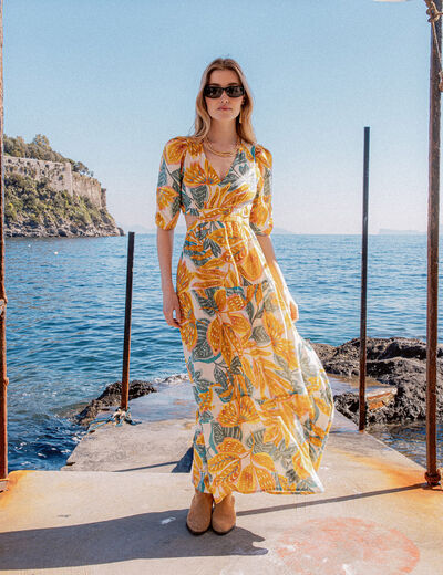 Robe longue évasée blanc femme