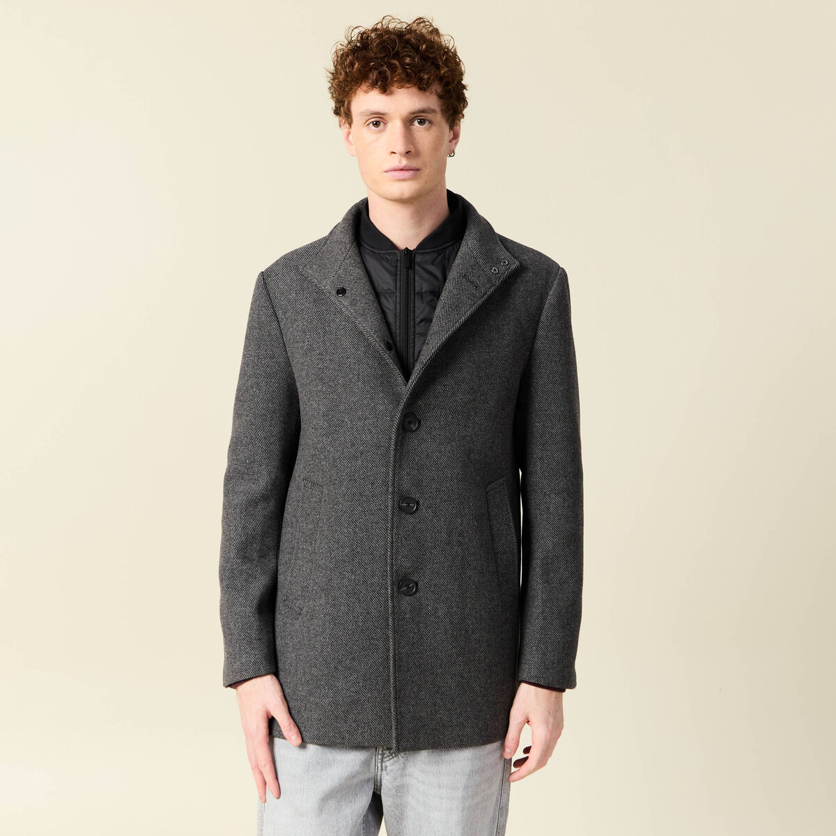 Manteau droit mi-long col montant gris fonc&eacute; homme